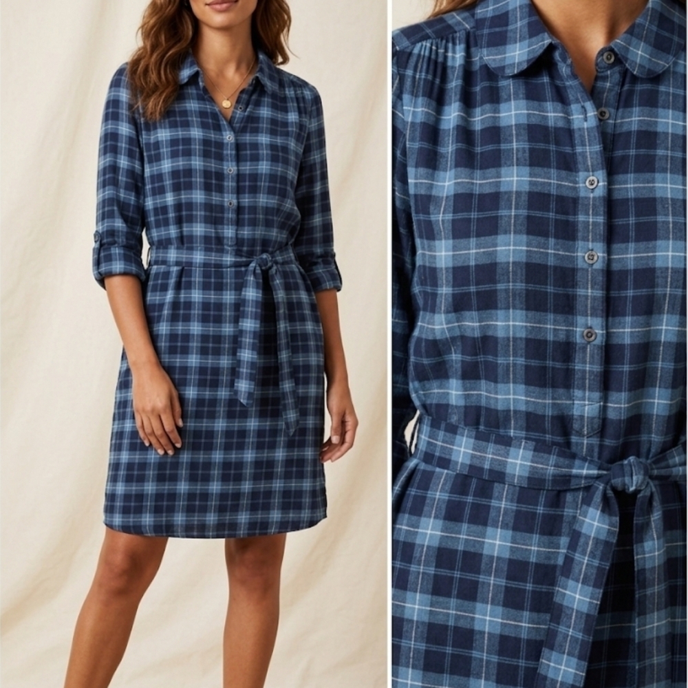 LOFT Blue Plaid Shirt Dress XS -Long Sleeve Roll Tab -With Matching Belt
